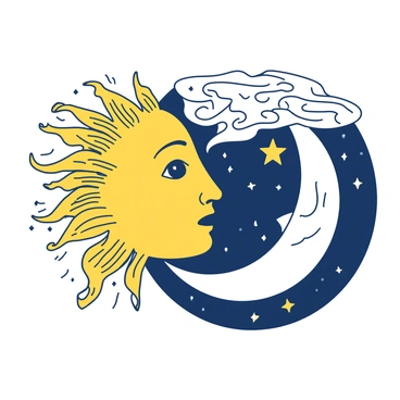 A yellow sun with intricate rays is positioned on the left side of the image, facing a white crescent moon on the right. The sun's face is adorned with stylized facial features, while the moon has delicate craters and a serene expression. Celestial patterns featuring stars, swirls, and waves connect the two celestial bodies, creating a flow of energy between them. The background is filled with smaller stars, enhancing the cosmic theme of the scene.
