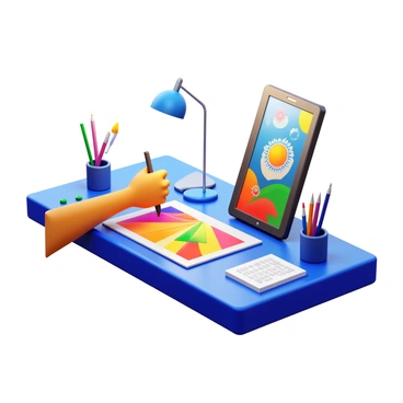 A digital tablet on a sleek desk with an artist's hand holding a stylus. The screen of the tablet displays "colorful artwork" with vivid hues and intricate designs. Surrounding the tablet are art supplies such as brushes and sketchbooks. The artist is focused, creating a new illustration, adding vibrant details to the digital canvas. A small lamp casts a warm glow over the workspace, enhancing the lively colors on the tablet's display.