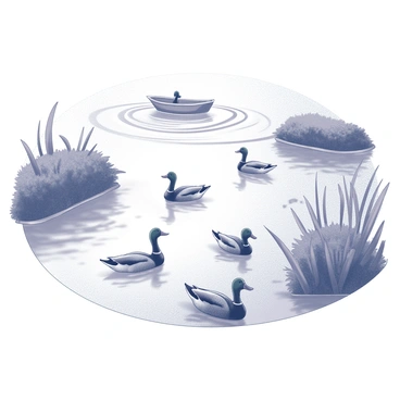 A serene pond surrounded by lush vegetation. In the foreground, several ducks are floating calmly on the water's surface. Their bodies are slightly rippling as they drift. A small boat is moving in the background, creating a gentle wake that disturbs the still water. The wake ripples outward, creating concentric circles that extend towards the ducks. The overall scene captures a peaceful moment in nature.