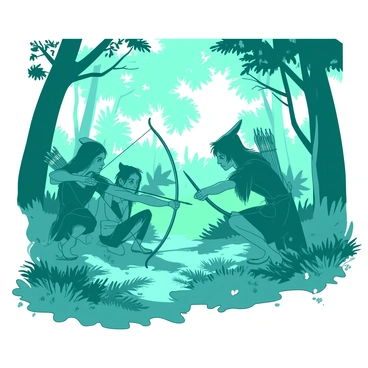 A group of teal elf archers is stealthily preparing for a hunt in a white sun-dappled forest. The elves are dressed in leaf-patterned attire that blends into the surroundings. Each archer is holding a beautifully crafted bow, and their quivers are filled with elegantly fletched arrows. Sunlight filters through the canopy, creating dappled patches of light on the forest floor where ferns and wildflowers grow. The archers are crouched behind trees, observing their surroundings with keen eyes, ready for the perfect moment to move.