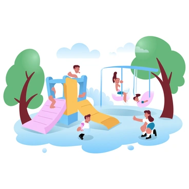 A group of children is playing hide-and-seek in a vibrant playground filled with various play structures. One child is peeking behind a brightly colored slide, while another is crouching behind a large jungle gym. Nearby, swings are swaying, and a merry-go-round is in motion. The playground is adorned with cheerful colors like pink, blue, and yellow. Tall trees with lush green leaves frame the scene, providing a sense of nature surrounding the playful atmosphere.