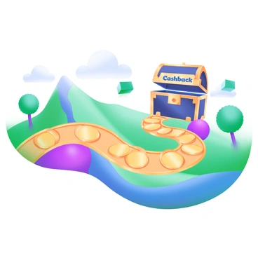 A detailed illustration of a map featuring a winding path made of shiny gold coins. The coins are arranged in a clear, distinct trail leading to a large, ornate treasure chest. The treasure chest is prominently displayed and labeled with the word "Cashback" in bold letters. Surrounding the path are various topographical features, such as hills, trees, and a river, all depicted in soft pastel colors. The overall composition highlights the journey towards the treasure.