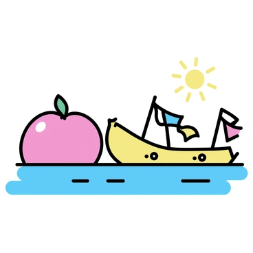 A yellow banana boat is positioned alongside a bright red apple raft in a water race setting. The banana boat features a sleek, elongated shape with decorative fruit patterns on its sides. The apple raft, round and vibrant, has a glossy sheen, resembling a real apple. Both vessels are floating on clear blue water, with gentle ripples surrounding them. In the background, colorful flags flutter, marking the course of the race. A sunny sky enhances the cheerful atmosphere of the event.