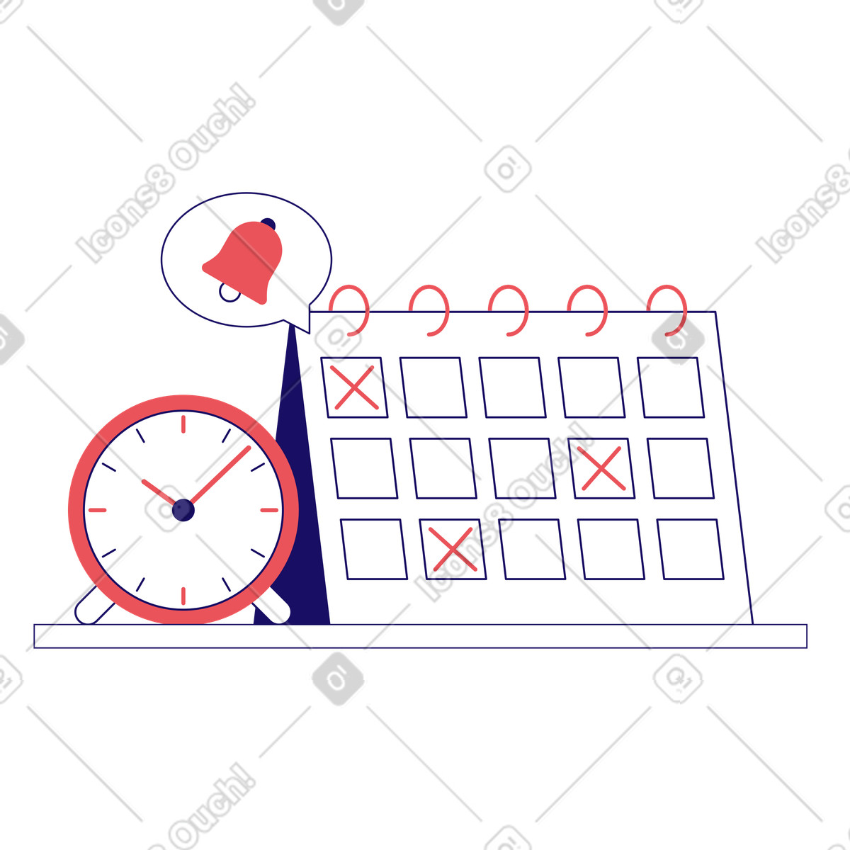 Bendy スタイルの Alarm clock and marked calendar, Time management reminder のイラストをPNG、SVG形式でダウンロード