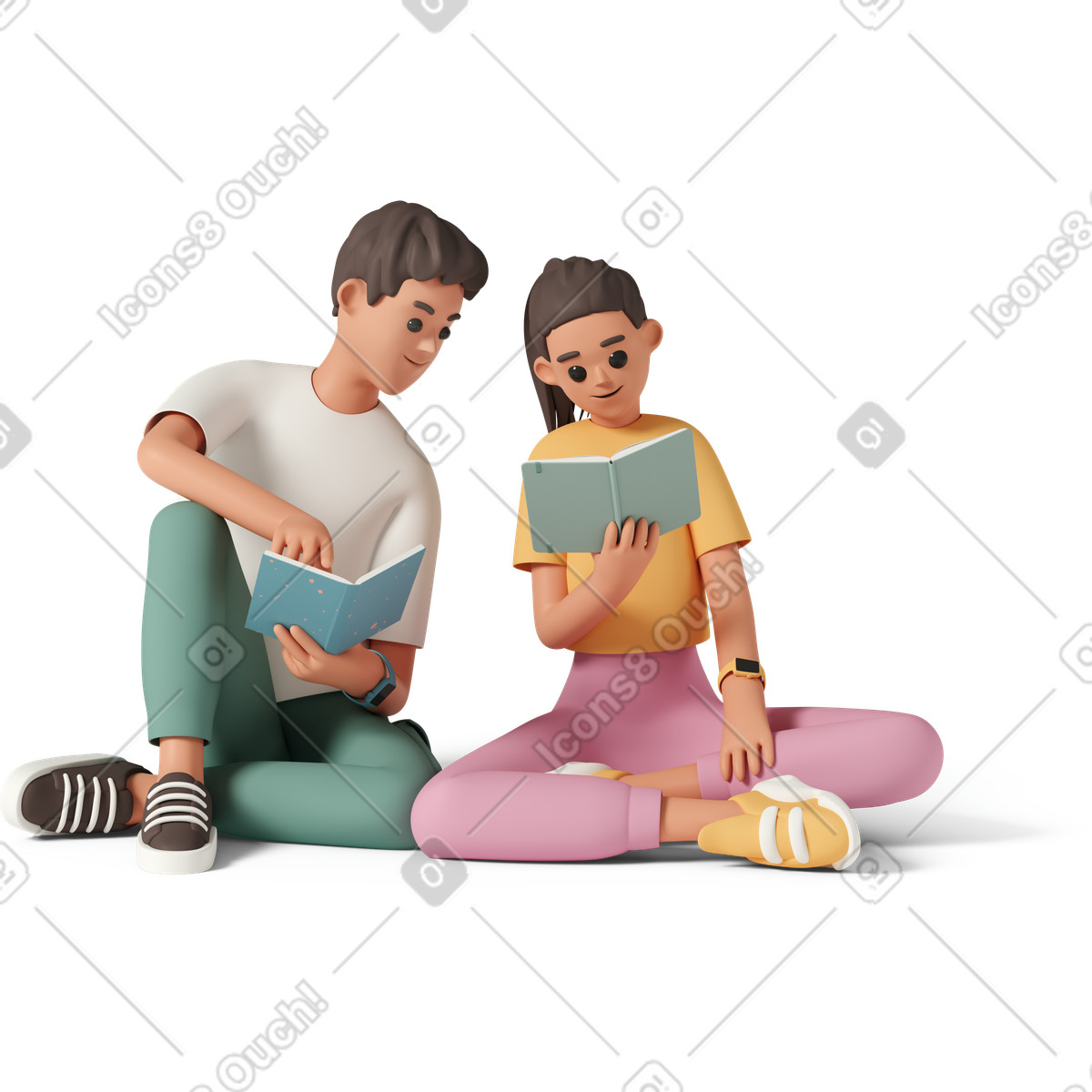 3D Casual life 스타일의 Young couple sitting on the floor and reading books 일러스트레이션 PNG, SVG 다운로드