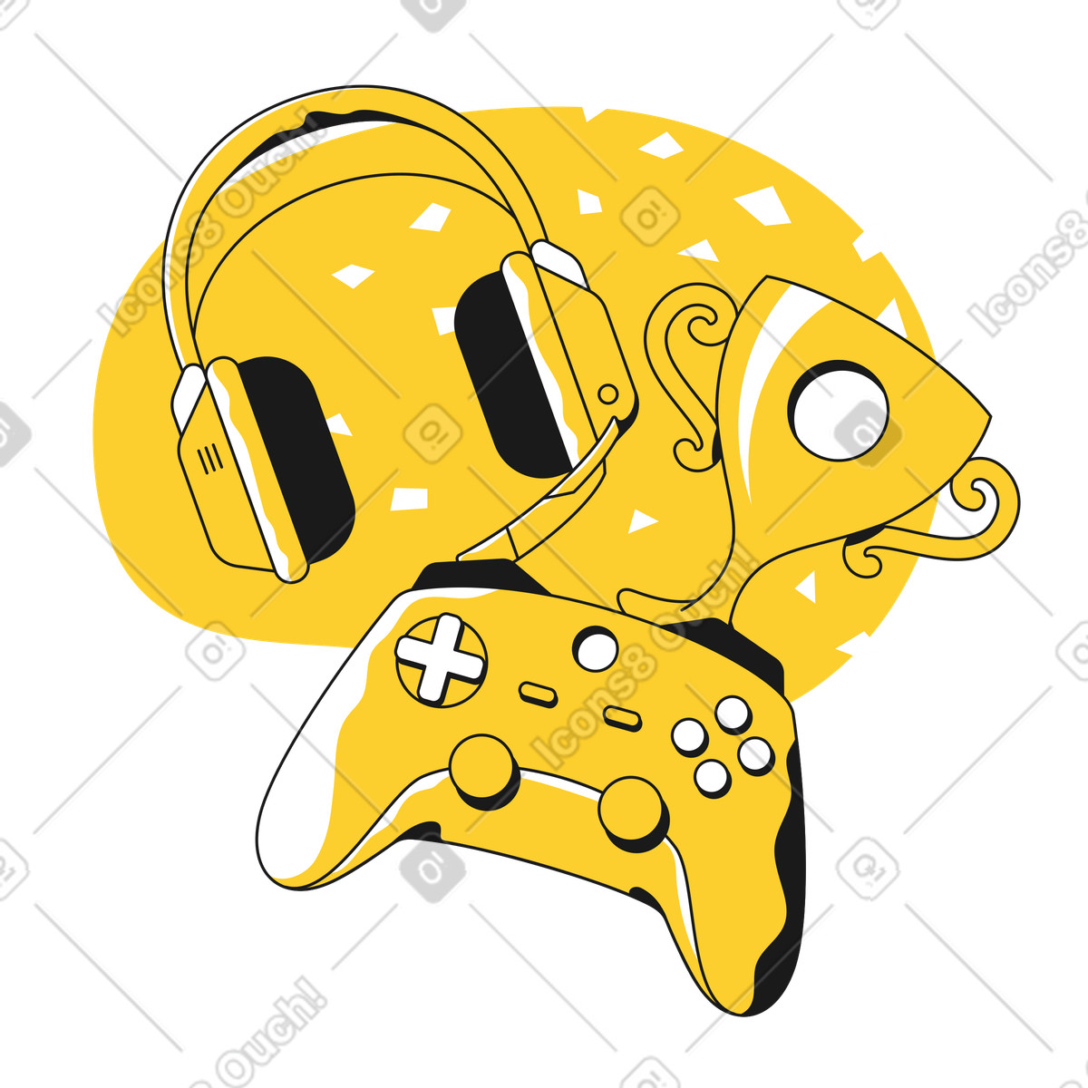Gaming controller, headphones and trophy illustration in Taxi style download in PNG, SVG