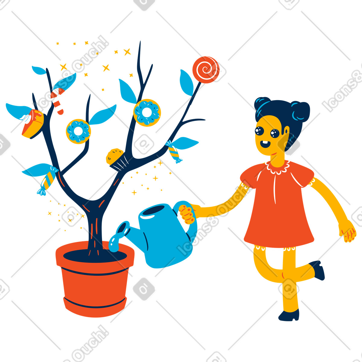 Ilustração de Menina regando uma árvore com doces crescendo nela em no estilo Flame para baixar em PNG, SVG