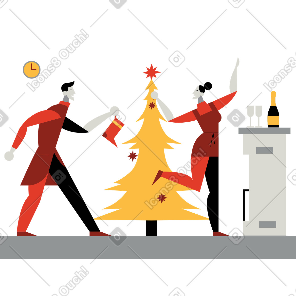 下载 Burgundy 风格的 Couple preparing Christmas party with champagne, Seasonal family gathering 插画，支持 PNG、SVG 格式