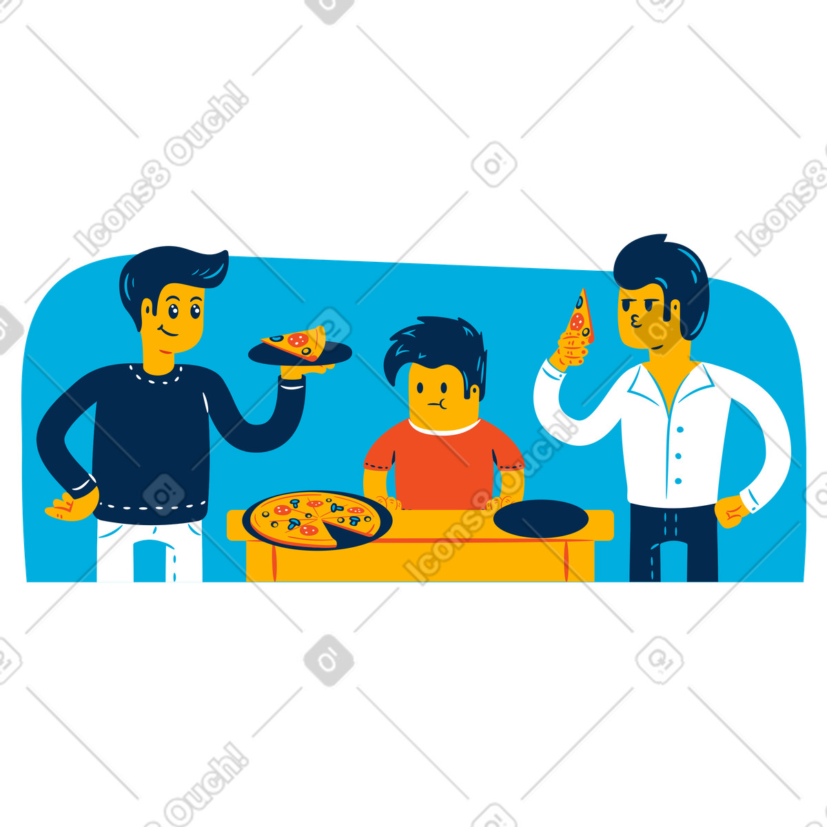 Famiglia di tre persone che mangiano pizza insieme illustrazione in stile Flame scarica in PNG, SVG