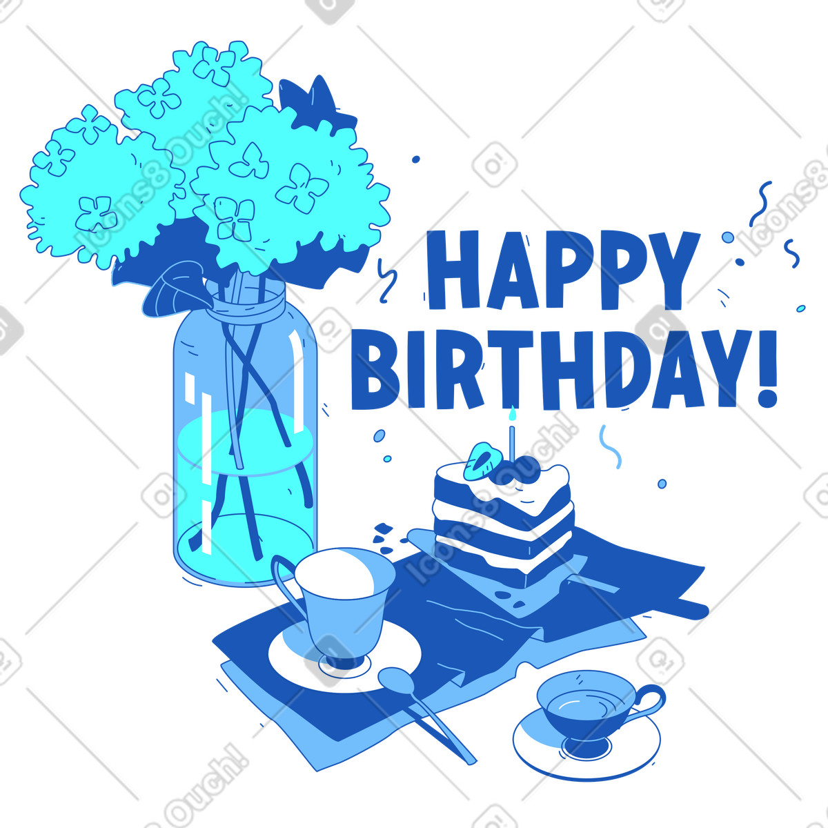 Ilustração de Texto com letras feliz aniversário flores, bolo e xícaras em no estilo Storyline para baixar em PNG, SVG