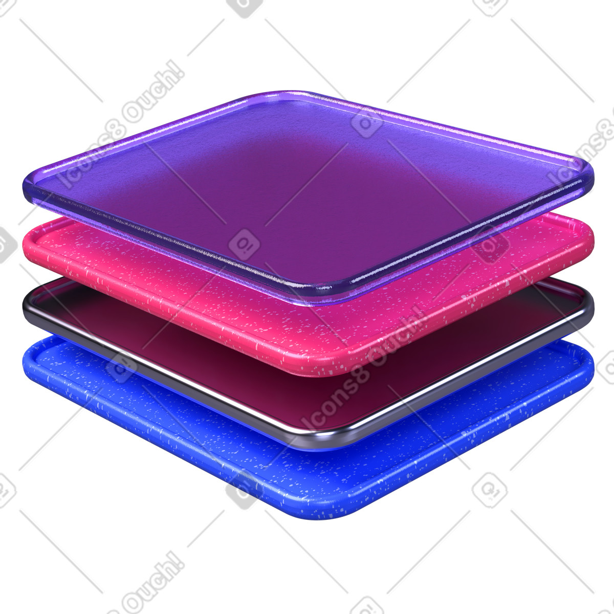 Digital interface layers, glowing app screens and modern ui structure illustration in 3D Boost style download in PNG, SVG