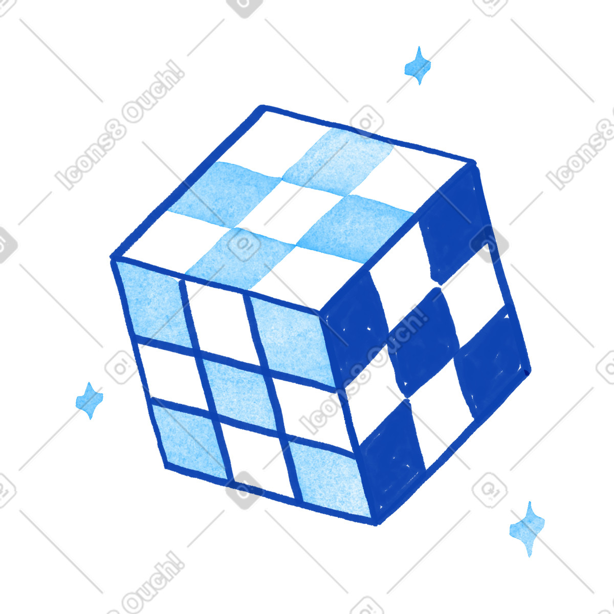 Cube checkered blue white pattern with sparkles around geometric shape illustrazione in stile Tint scarica in PNG, SVG