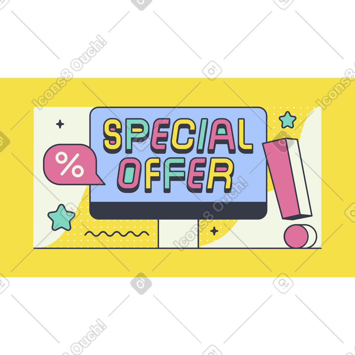 Ilustración Oferta especial de letras en computadora con signo exclamación estilo Abstract a descargar PNG y SVG