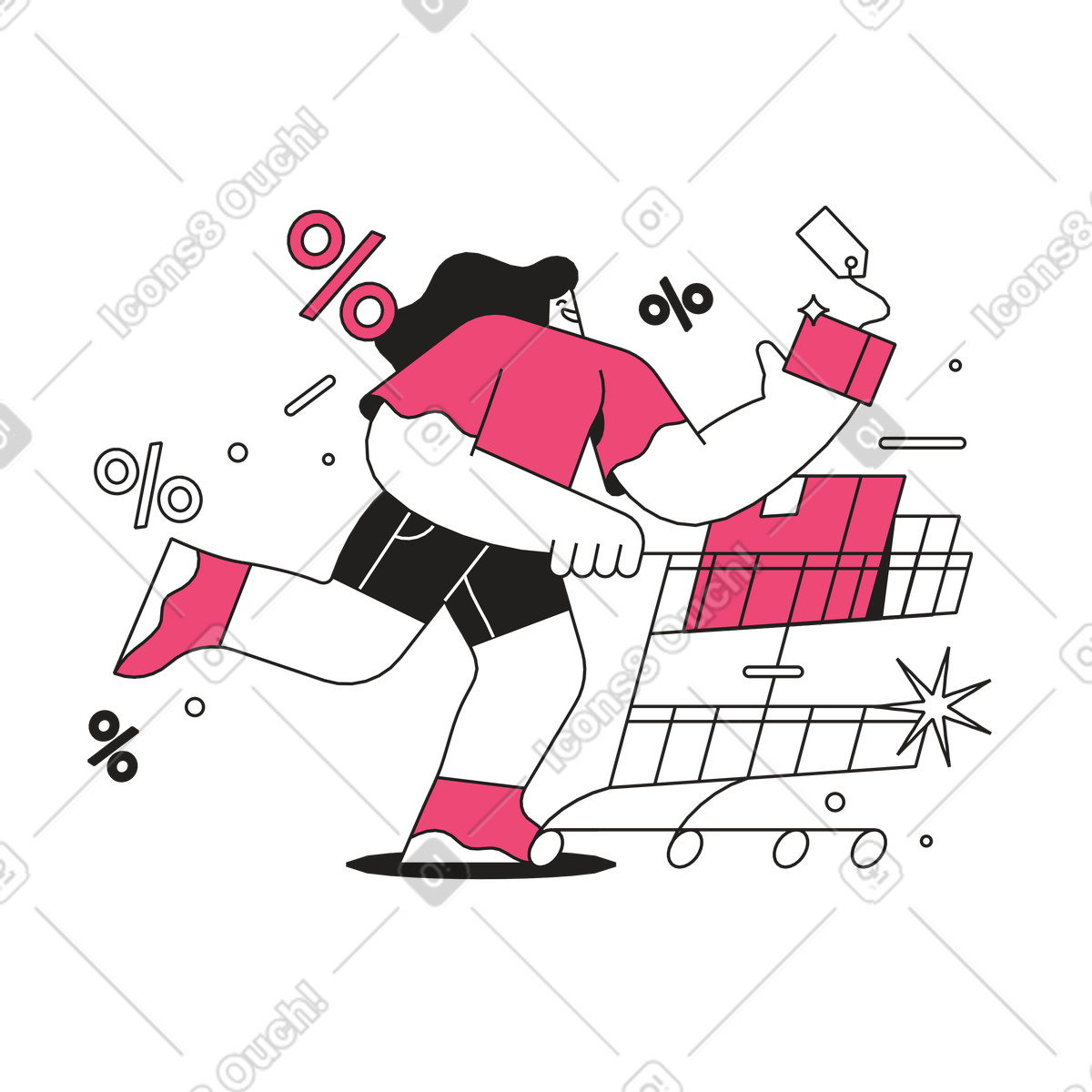 Ilustração de Excited customer rushing with shopping cart, black friday sale event em no estilo Dazzle Line para baixar em PNG, SVG
