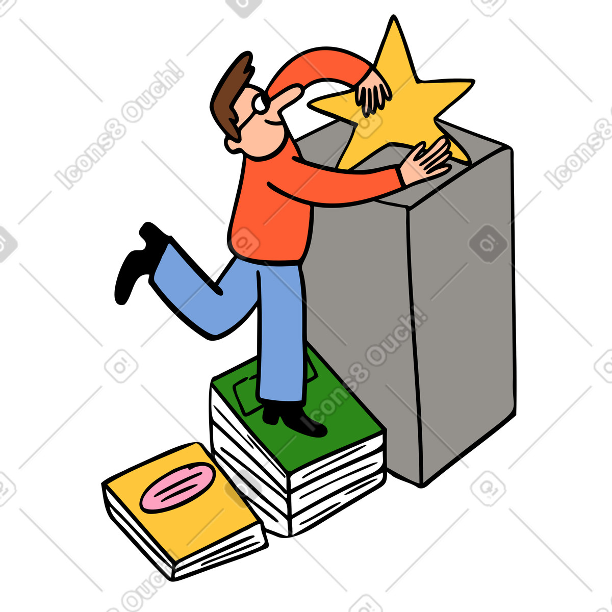 Person reaching for star on podium using books, Achievement through education, Personal growth and learning motivation illustration in Comic style download in PNG, SVG