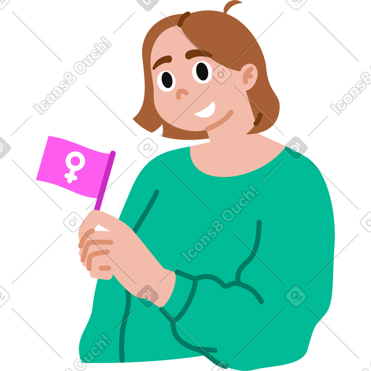 Ilustración Young woman smiling and holding flag with female sign en estilo Active a descargar en PNG y SVG