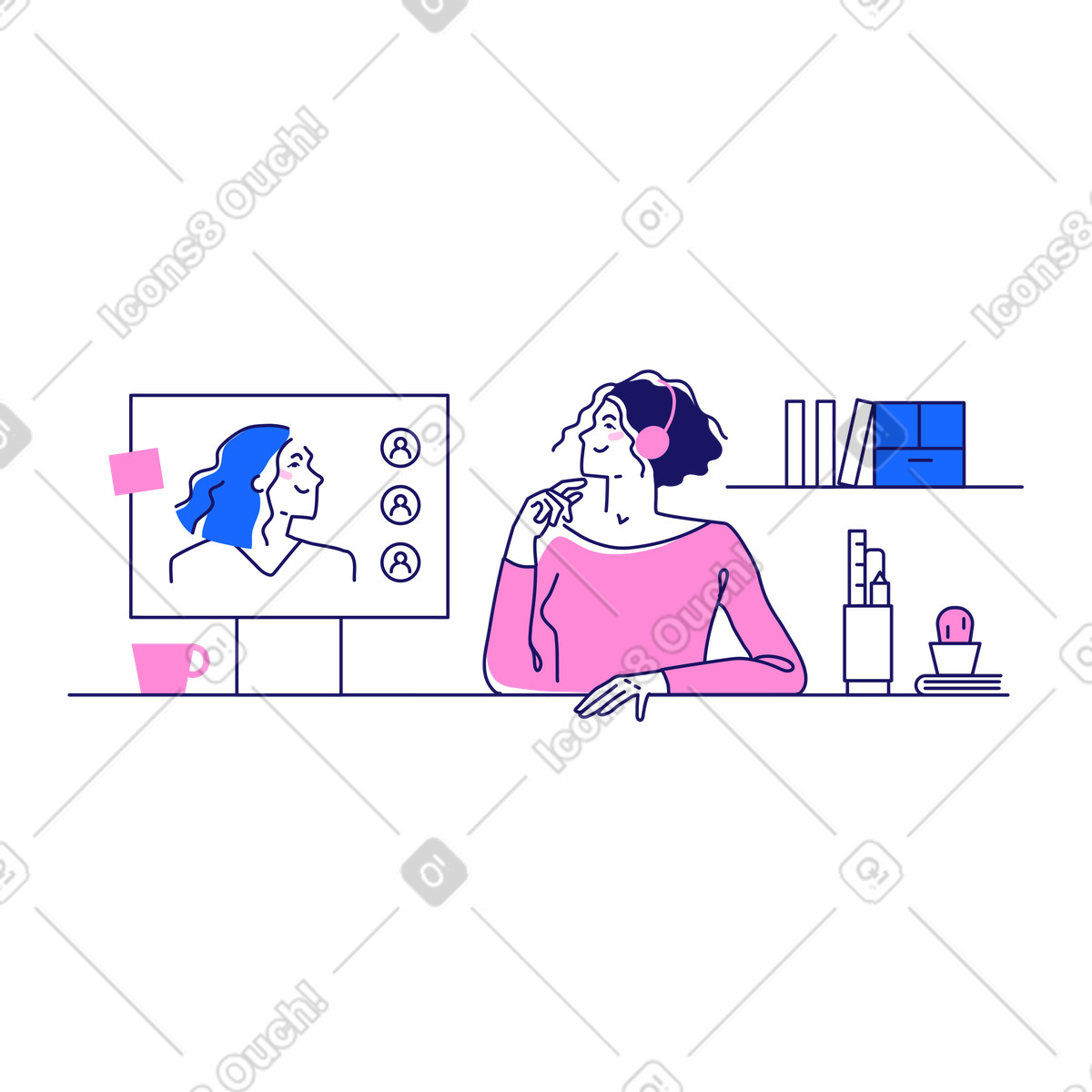 Ilustração de Mulher se comunica na reunião zoom em no estilo Matey para baixar em PNG, SVG