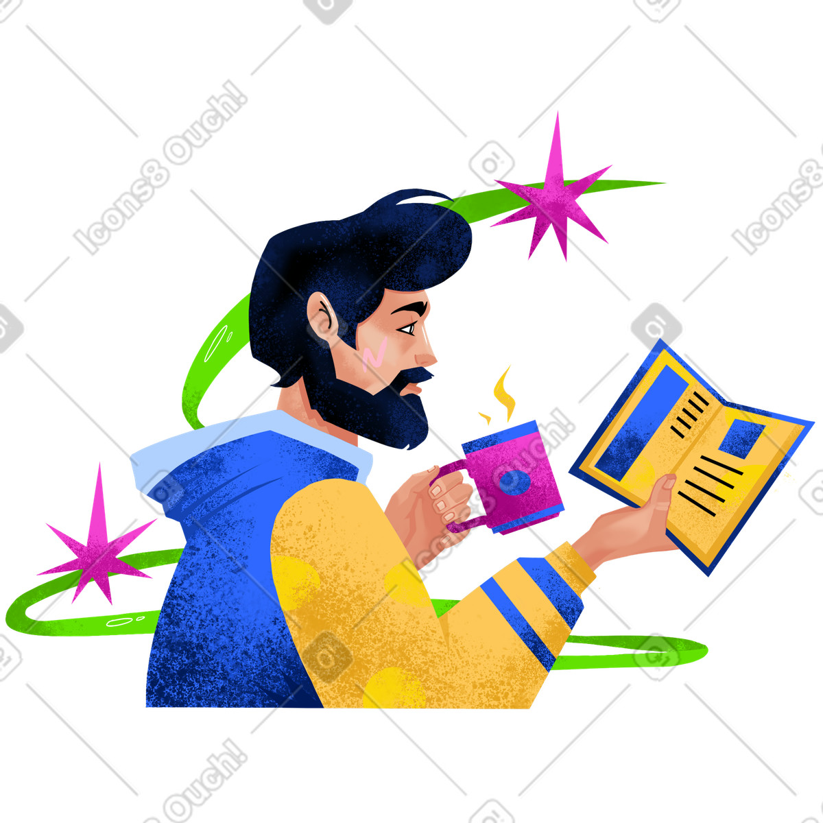 Flare スタイルの Man reads a book over cup of coffee のイラストをPNG、SVG形式でダウンロード