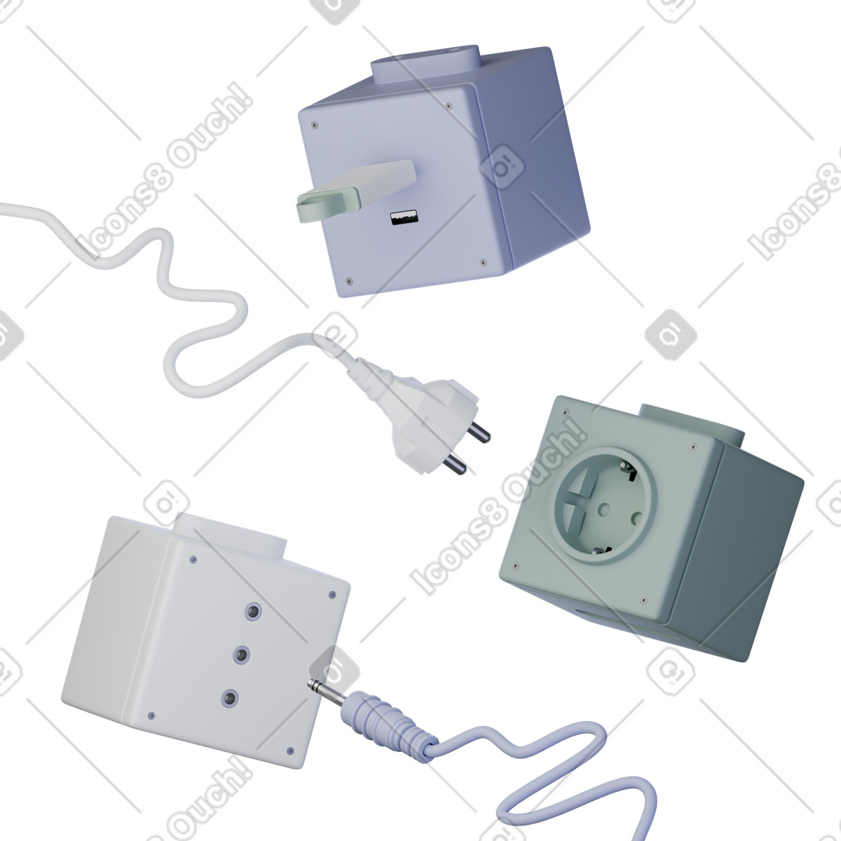 Ilustración White and green schuko power strips with cable, Extension cord sockets, Electrical outlet renders en estilo 3D Product a descargar en PNG y SVG