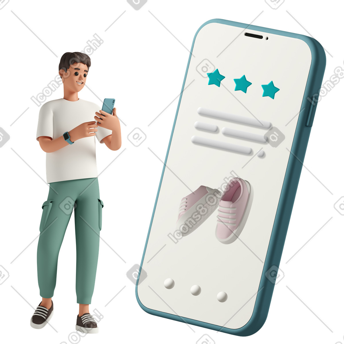 Illustration Jeune homme achetant en ligne des baskets sur son smartphone dans le style 3D Casual life à télécharger aux formats PNG, SVG