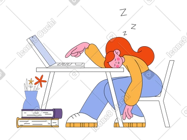 Tired girl sleeping at the desk at work PNG, SVG