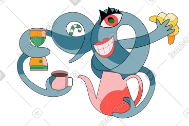 Multitasking character having coffee break PNG, SVG
