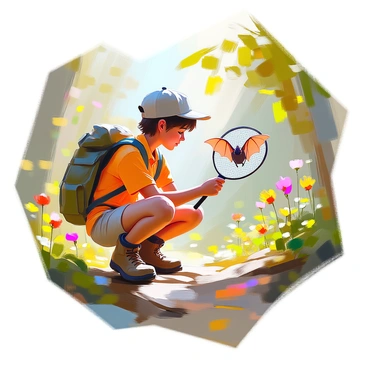 A young explorer with light skin and tousled brown hair is crouched down in a lush, green forest, holding a butterfly net with both hands. The explorer is wearing a bright yellow shirt and cargo shorts, with sturdy hiking boots on their feet. In front of them, a small, curious bat with soft brown fur is hovering just out of reach, its wings flapping gently. Sunlight filters through the leaves above, creating dappled patterns on the forest floor, while various plants and wildflowers surround the scene, adding color and vibrancy to the exploration moment.