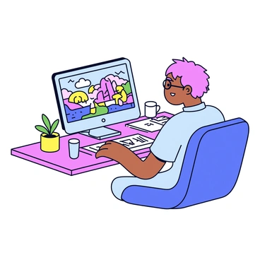 A pixel artist sitting at a desk focused on their computer screen. The artist has short hair and wears glasses, with a concentrated expression on their face. The computer display shows a vibrant retro-style illustration in progress, filled with colorful pixelated characters and landscapes. The desk is cluttered with sketches, pixel art references, and a coffee mug. A small potted plant sits nearby, adding a touch of greenery to the workspace.