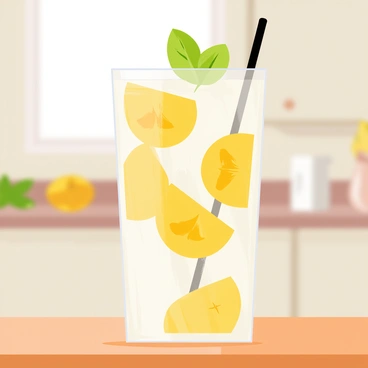A tall, clear glass filled with a refreshing drink showcasing bright yellow lemon slices floating amidst clear liquid. Fresh green mint leaves are visible, resting both on top and within the drink. The glass is placed on a wooden table, with natural light highlighting the vibrant colors of the drink. The background features soft, out-of-focus hints of a kitchen setting.