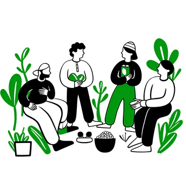 A group of farmers from various cultural backgrounds gathered in a lush green field. Each farmer is dressed in traditional attire reflecting their heritage. One farmer is demonstrating the technique of hand-picking coffee cherries, while another is showing a method of planting coffee seedlings. In the background, coffee plants and trees are visible, and there is a small table with coffee samples displayed. The atmosphere is filled with a sense of collaboration and sharing of knowledge as the farmers engage in conversation and demonstrate their techniques to one another.