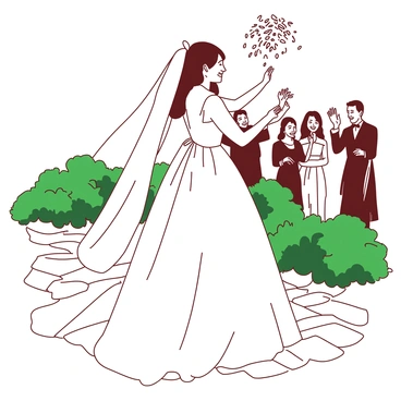 A bride in a white wedding gown is standing on a cobblestone path, surrounded by greenery. She is looking back over her shoulder with a joyful expression as she throws a handful of rice into the air. The rice cascades down around her, sparkling in the sunlight. Her long veil flows elegantly behind her as she faces her guests, who are smiling and waving in the background. The scene captures a moment of celebration filled with love and well wishes.