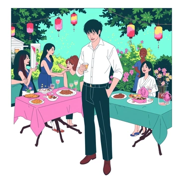 Ayanokoji is dressed in a stylish white shirt and dark trousers, standing amidst a vibrant garden party. Colorful lanterns hang from the trees above, casting a warm light over the scene. He is surrounded by elegantly dressed guests engaged in lively conversation. Small tables adorned with pink and teal tablecloths feature an array of gourmet appetizers and drinks. Lush greenery and blooming flowers create a festive atmosphere, while fairy lights twinkle softly in the background. Ayanokoji holds a drink in one hand, observing the festivities with a subtle expression.