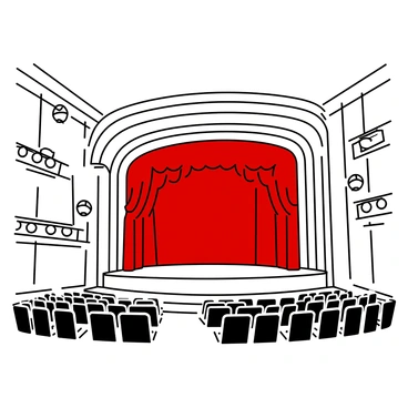 A grand theater with a high ceiling and ornate architectural details. The main focus is a "plush red curtain" that is drawn closed, draping elegantly over the stage. Rows of "empty seats" are arranged in a semi-circular pattern, each seat upholstered in dark fabric. The floors are polished wood, reflecting the soft light from the ornate chandeliers hanging above. The walls are adorned with intricate moldings and decorative patterns, adding to the grandeur of the space.
