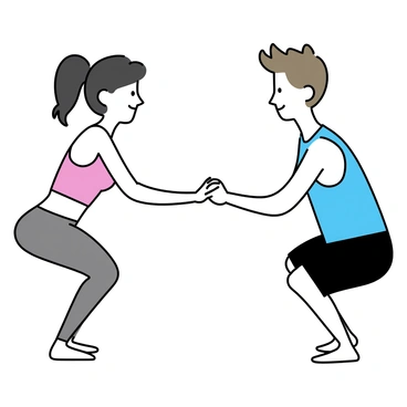 Two people, a man and a woman, are facing each other in an athletic stance, both holding hands. The man has short brown hair and is wearing a blue tank top with black shorts. The woman has long black hair tied in a ponytail and is dressed in a bright red sports bra and gray leggings. They are both in the middle of performing sumo squats, with their knees bent and feet turned outward. The background is plain to emphasize their interaction and the squatting position.