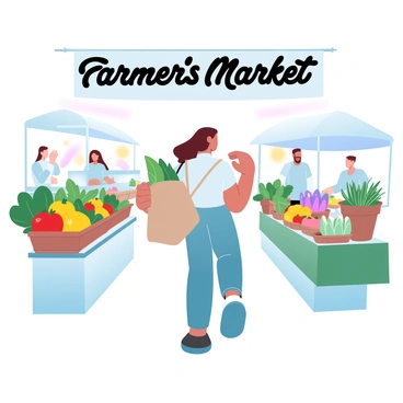 A person is walking through a bustling farmer's market, surrounded by an array of colorful fresh produce. The individual is carrying a reusable bag filled with fruits and vegetables. Stalls are overflowing with ripe tomatoes, leafy greens, and bright yellow lemons. Baskets of colorful peppers and fragrant herbs are arranged neatly on tables. In the background, there are customers chatting with vendors, and a large banner reading "Farmer's Market" is hanging above the scene. The atmosphere is lively with a sense of community.