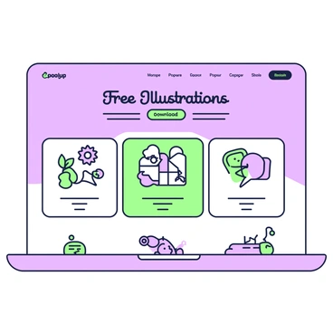 A website homepage features a clean layout showcasing a collection of illustrations available for download. At the top, a large banner displays the title "Free Illustrations" in bold typography. Below the banner, there are several grid sections, each containing a different illustration. The illustrations include various themes such as nature, technology, and abstract designs. Each grid section has a brief description beneath it, and a download button in a prominent location. The footer of the homepage includes links to categories like "Recent" and "Popular", and also contains social media icons for sharing.