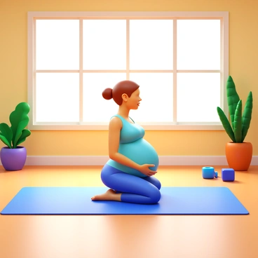 A pregnant woman practicing prenatal yoga in a bright and airy studio. She is in a comfortable yoga pose, with gentle focus on her breath. The studio features large windows that allow sunlight to flood in, illuminating the space. Soft mats are spread across the floor, and indoor plants are placed around the room. The walls are painted in soft pastel colors, creating a calming atmosphere. A few pieces of yoga equipment, such as blocks and straps, are neatly arranged nearby.