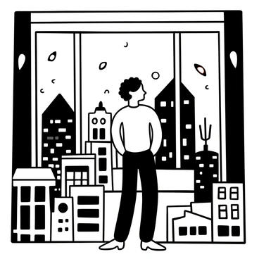 A person standing by a large window with their silhouette visible in profile. The window shows reflections of bright, colorful lights representing a busy cityscape. Surrounding the person are various urban elements, such as buildings and streetlights, adding to the sense of a vibrant city life outside. The composition emphasizes the contrast between the still figure and the dynamic energy of the city reflected in the glass.