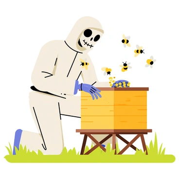 A skeleton beekeeper wearing a white protective suit and gloves is carefully tending to a wooden beehive. The beehive has a rectangular shape and is placed on a small wooden stand. Swarms of buzzing bees, depicted in bright yellow and black, are flying around the beekeeper, some hovering near the hive. The skeleton's hollow eyes are focused intently on the hive, while more bees are seen clustering around the entrance. The background features green grass and a clear blue sky, enhancing the lively scene.
