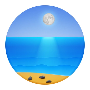 An illustration depicting "the moon" in a clear night sky, with "its surface showing craters and shadows." Below, "vast ocean waters" reflecting the moon's light with gentle waves. The scene includes "ocean tides visibly rising and falling," demonstrating the "gravitational pull of the moon." In the foreground, "a shoreline with sandy beach and scattered rocks," showing the interaction between the land and the water.
