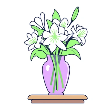 A crystal vase is placed on a wooden table. Inside the vase, there are several elegant white lilies with long green stems and lush leaves. The flowers are fully bloomed, showcasing their delicate petals. The wooden table has a polished surface that reflects subtle light. Soft shadows are cast beneath the vase, enhancing the overall composition.
