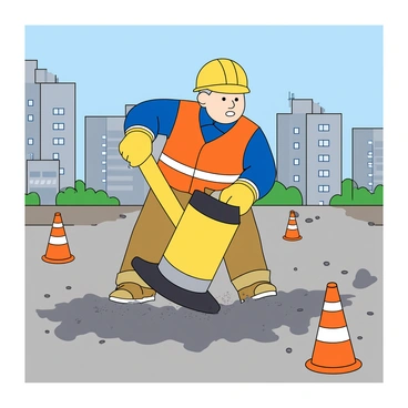 A construction worker with light skin and a hard hat is using a large yellow jackhammer to smash the pavement on a city street. The worker is wearing a bright orange safety vest over a blue shirt and work gloves. Dust and small pieces of asphalt are flying up from the ground as the jackhammer makes contact. In the background, there are tall buildings and a clear blue sky. A few scattered construction cones are placed around the area, indicating a work zone. The worker's face shows determination as they focus on the task at hand.