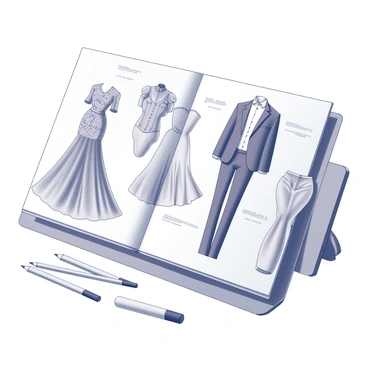 A Bainbridge 172 board is displayed, featuring a collection of fashion sketches. The sketches illustrate various garments, including a flowing dress with intricate patterns, a tailored suit with sharp lines, and a casual outfit comprising a loose-fitting top and fitted pants. Each sketch is detailed with annotations on fabric types and colors, showcasing a mix of styles and trends for the new clothing line. The board is arranged artistically, with some sketches overlapping slightly to create a dynamic composition. The tools used for the sketches, such as pencils and markers, are placed nearby, emphasizing the creative process behind the designs.