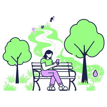 A person is sitting on a park bench, engrossed in their phone screen. The person has medium-length hair and is wearing a casual t-shirt and jeans. The park bench is made of wood with metal armrests. Surrounding the bench are various trees with lush green leaves, casting dappled shadows on the ground. There are scattered patches of grass with wildflowers peeking through. In the background, a winding path leads off into the distance, and a few birds can be seen perched on a nearby branch. The scene conveys a sense of solitude amidst a vibrant natural setting.