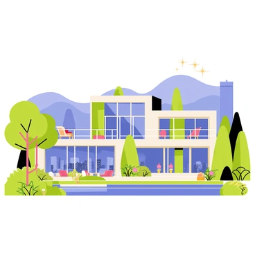 A luxurious mansion with a modern design, featuring large glass windows and a sleek terrace. The mansion is surrounded by lush greenery and vibrant flowers, enhancing its elegant appearance. In the background, the Hollywood Hills rise gently, with a clear blue sky above. From the terrace, there is a stunning view of the city, with twinkling lights and tall buildings visible in the distance.