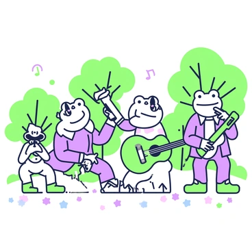 A band of frogs is gathered in a lively forest setting, each playing a different musical instrument. In the center, a frog with a small trumpet is positioned, blowing into it with enthusiasm. To the right, another frog is skillfully strumming a green guitar, while a third frog, standing on a rock, taps a green drum with its webbed feet. A fourth frog is holding a flute, adding melodic notes to the performance. Surrounding them are tall trees with lush leaves, and colorful flowers dot the forest floor, creating a vibrant atmosphere. The scene captures the joyful energy of the concert as the frogs engage with one another and the environment.