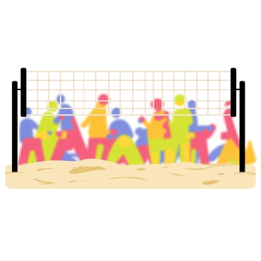 A volleyball net with a white mesh and black posts stands prominently in the foreground. The net is taut, with its strands clearly visible, creating a sharp contrast against the colorful background. Blurred silhouettes of players in various dynamic poses are scattered throughout the background, indicating movement and energy on the volleyball court. The ground is sandy, adding to the beach volleyball setting, while the sun casts vibrant shadows, enhancing the scene's depth and action.