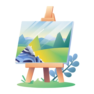 A classic painting is displayed on an ornate wooden easel. The painting features a serene landscape with rolling hills and a vibrant sky. A noticeable crack runs diagonally across the canvas, revealing a hidden layer underneath. The exposed section shows an abstract pattern of swirling colors, including deep blues and bright yellows. The easel is positioned on a patch of grass, and in the background, there are soft-focus trees and a distant mountain range. Light filters through the leaves, casting dappled shadows on the ground.