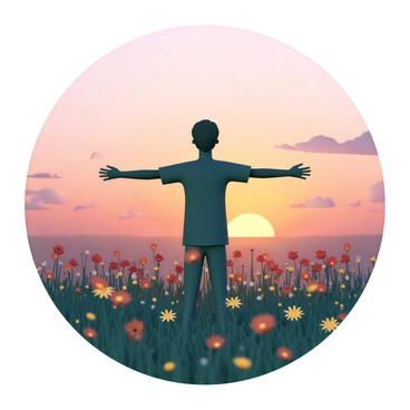 A silhouette of a person standing with arms outstretched in a field of vibrant flowers, which include red poppies and yellow daisies, under a colorful sunset sky. The sun is partially visible on the horizon, casting warm orange and pink hues across the sky. The flowers sway gently in the breeze, framing the silhouette of the person, who appears to be gazing towards the setting sun. The scene captures a sense of tranquility and beauty in nature.