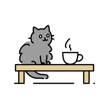 A fluffy cat with gray fur is sitting on a wooden table. The cat has bright green eyes and a curious gaze directed towards a steaming cup of tea positioned next to it. The tea cup is white with a simple design and emits gentle wisps of steam. The table has a natural wood finish, and there are subtle shadows beneath both the cat and the cup.